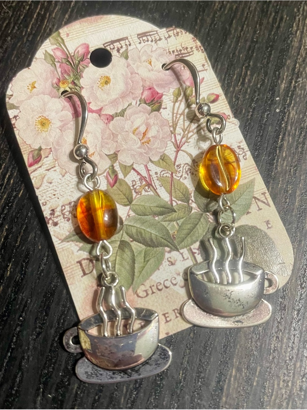 Hand Crafted Amber Coffee Bean & Silver Coffee Cup Drop Earrings - Women Jewelry